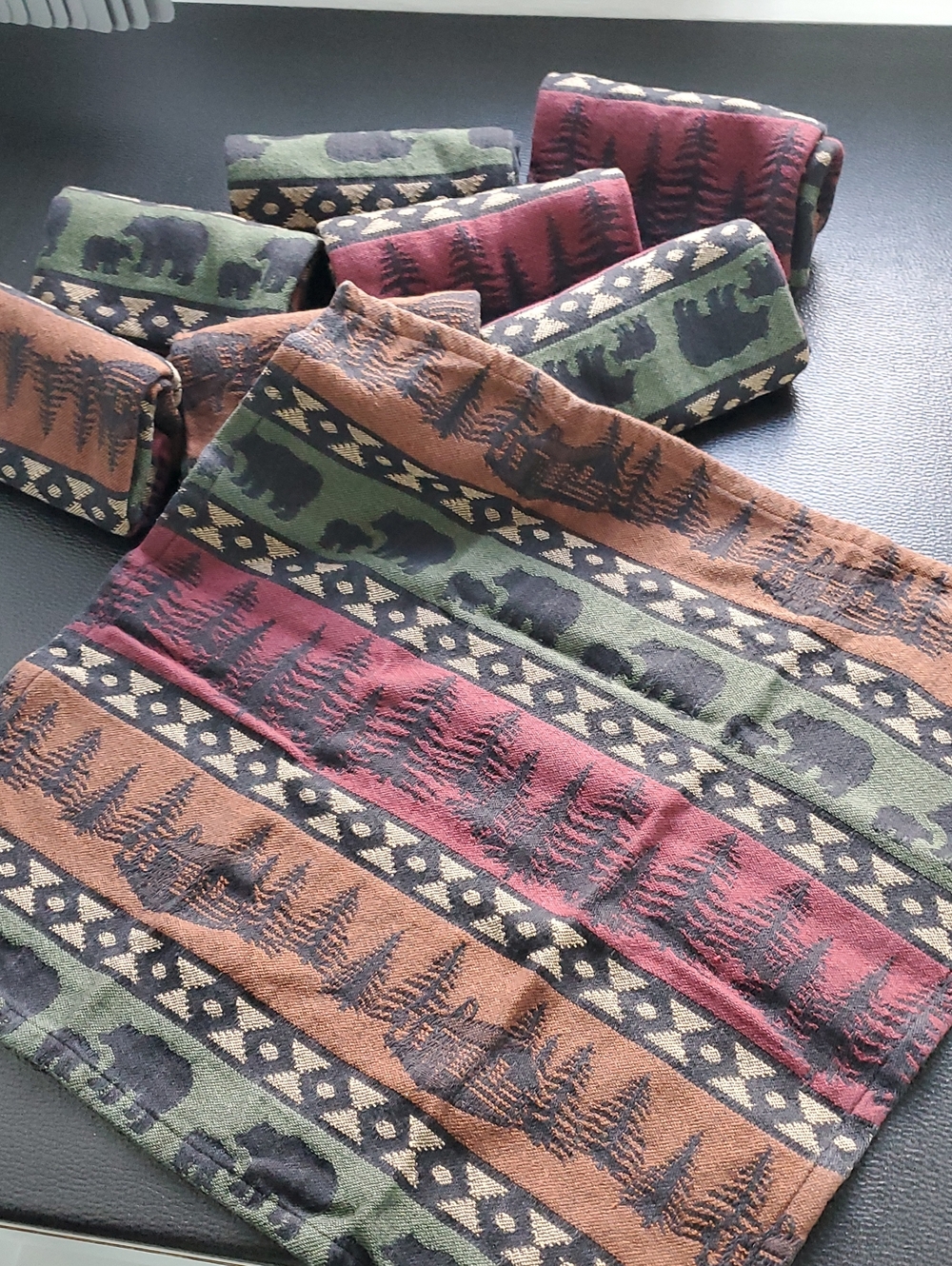 Rustic Bear & Forest Napkin Set in Green, Brown, and Red